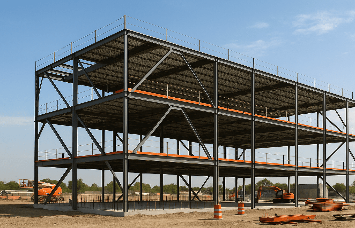 Commercial construction site in Houston featuring structural steel and architectural metal finished with H-Town Coaters’ powder coating — durable, weather-resistant coatings built for long-term performance and visual appeal.