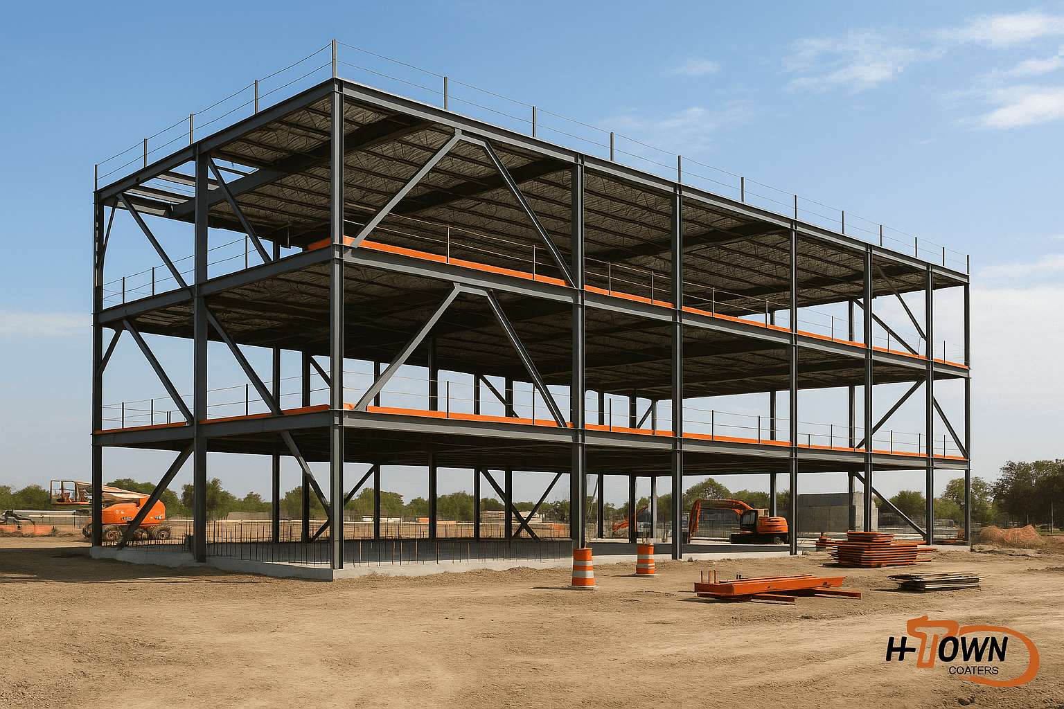 Commercial construction site in Houston featuring structural steel and architectural metal finished with H-Town Coaters’ powder coating — durable, weather-resistant coatings built for long-term performance and visual appeal.