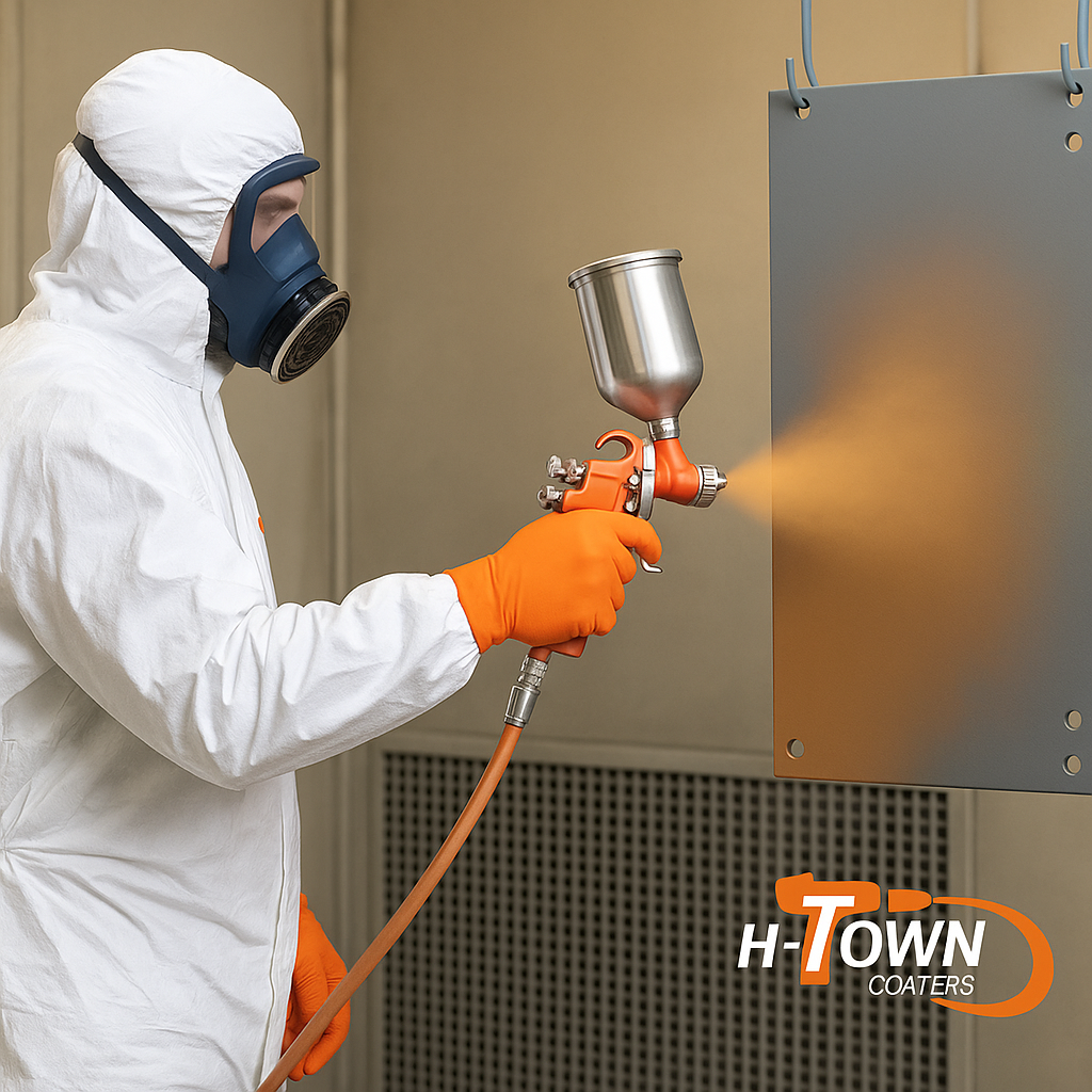 H-Town Coaters team in Houston collaborating on architectural powder coating project — quality inspection, surface preparation, and precision application process for architects and contractors.