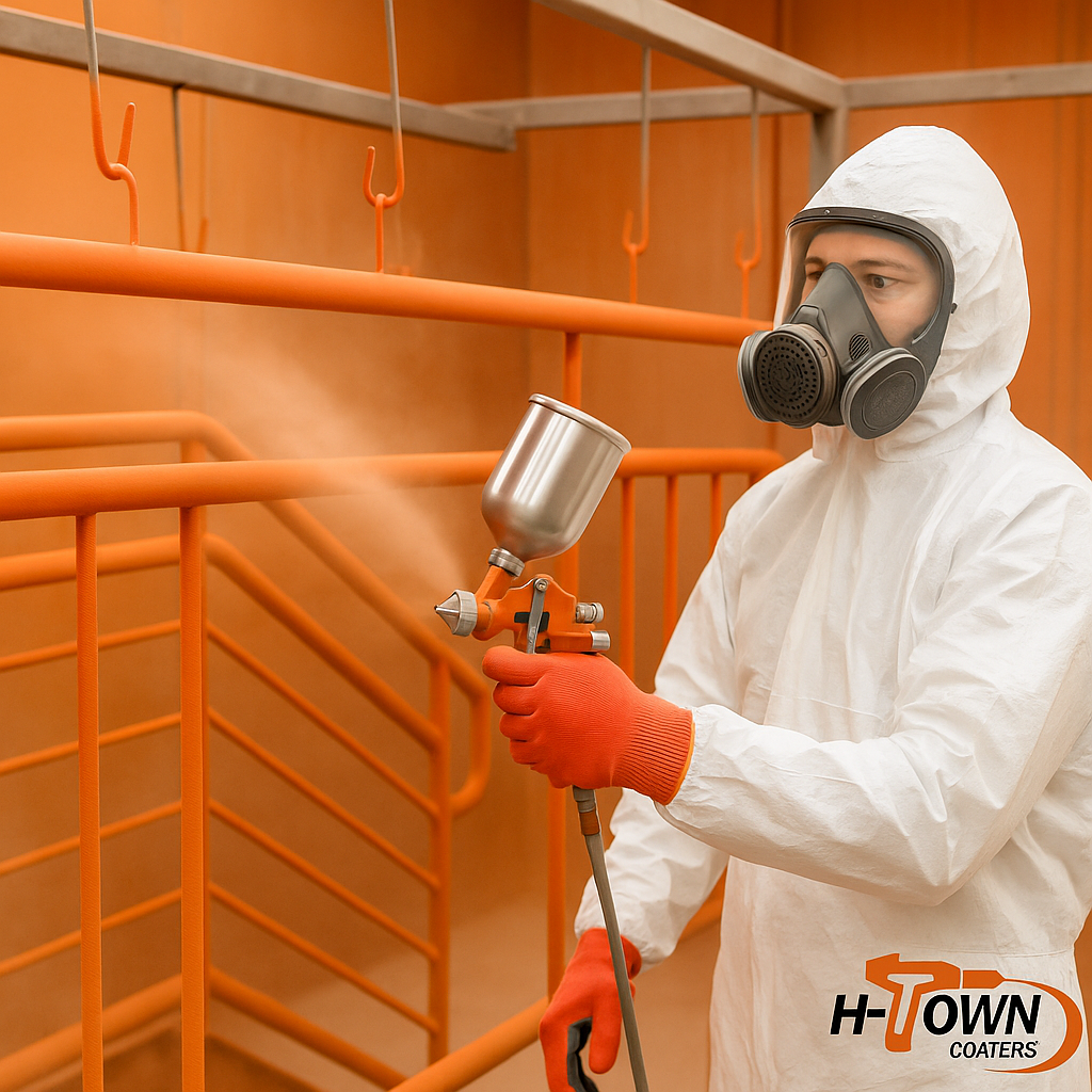 H-Town Coaters technicians in Houston applying powder coating and inspecting finished metal components — showcasing precision application, curing, and quality control for architectural and industrial projects.
