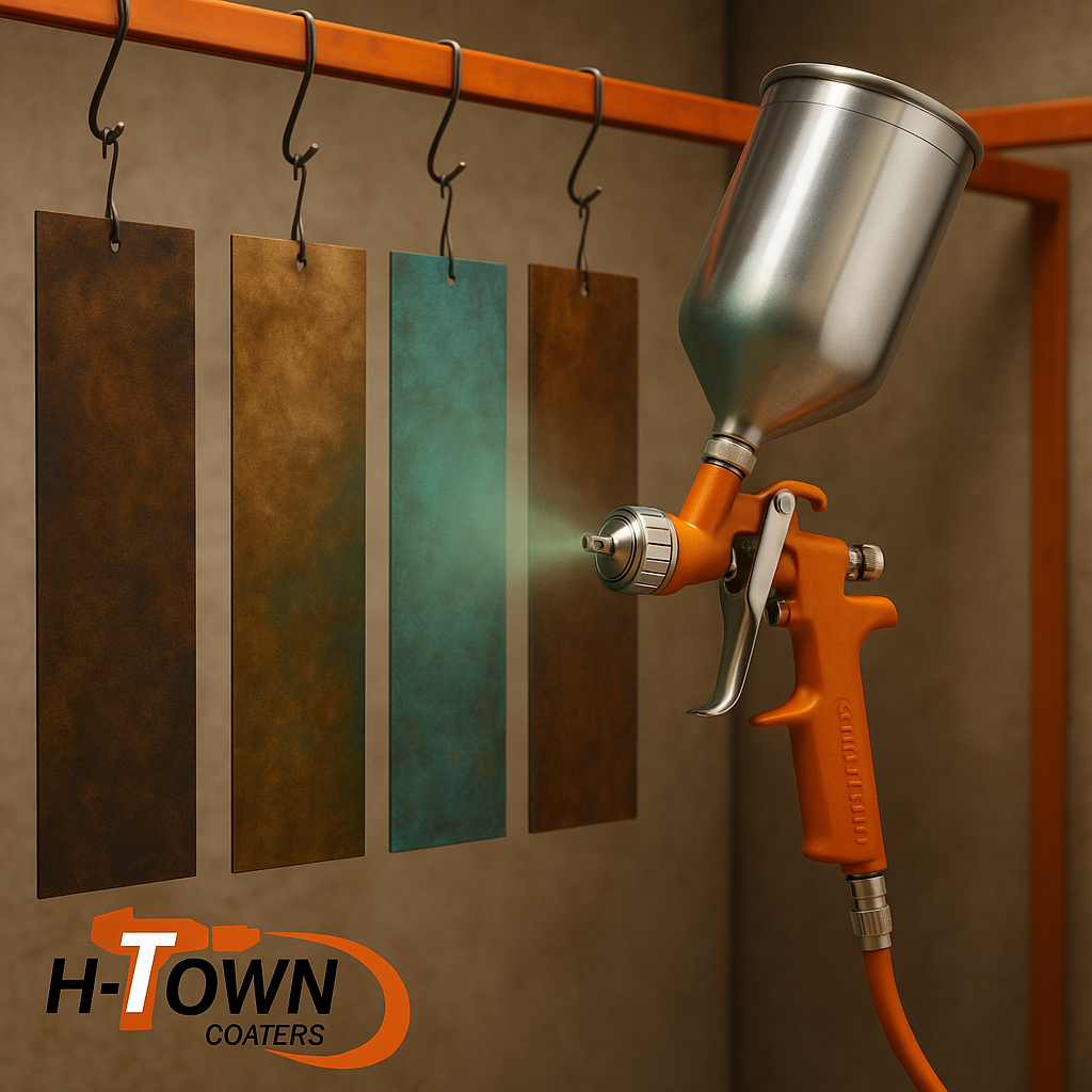 Polychrotina™ patina powder coating by H-Town Coaters in Houston — realistic architectural metal panels featuring copper, bronze, and verdigris finishes, designed for architects and interior designers seeking premium eco-friendly coatings.