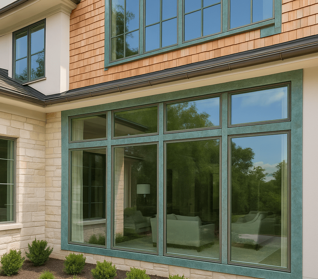 Residential home in Houston, Texas featuring powder coated aluminum window frames by H-Town Coaters — durable, UV-resistant finishes for home builders and contractors.