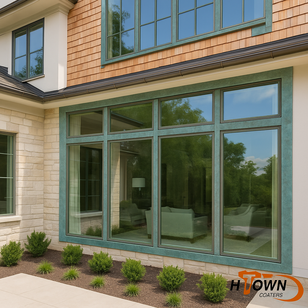 Residential home in Houston, Texas featuring powder coated aluminum window frames by H-Town Coaters — durable, UV-resistant finishes for home builders and contractors.
