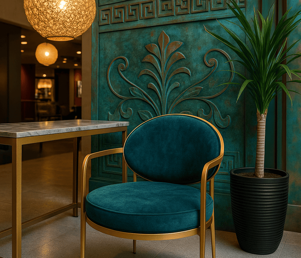 Architectural interior featuring powder coated furniture, fixtures, and decorative metal accents by H-Town Coaters in Houston, Texas — designer-grade finishes with lasting color, depth, and protection.