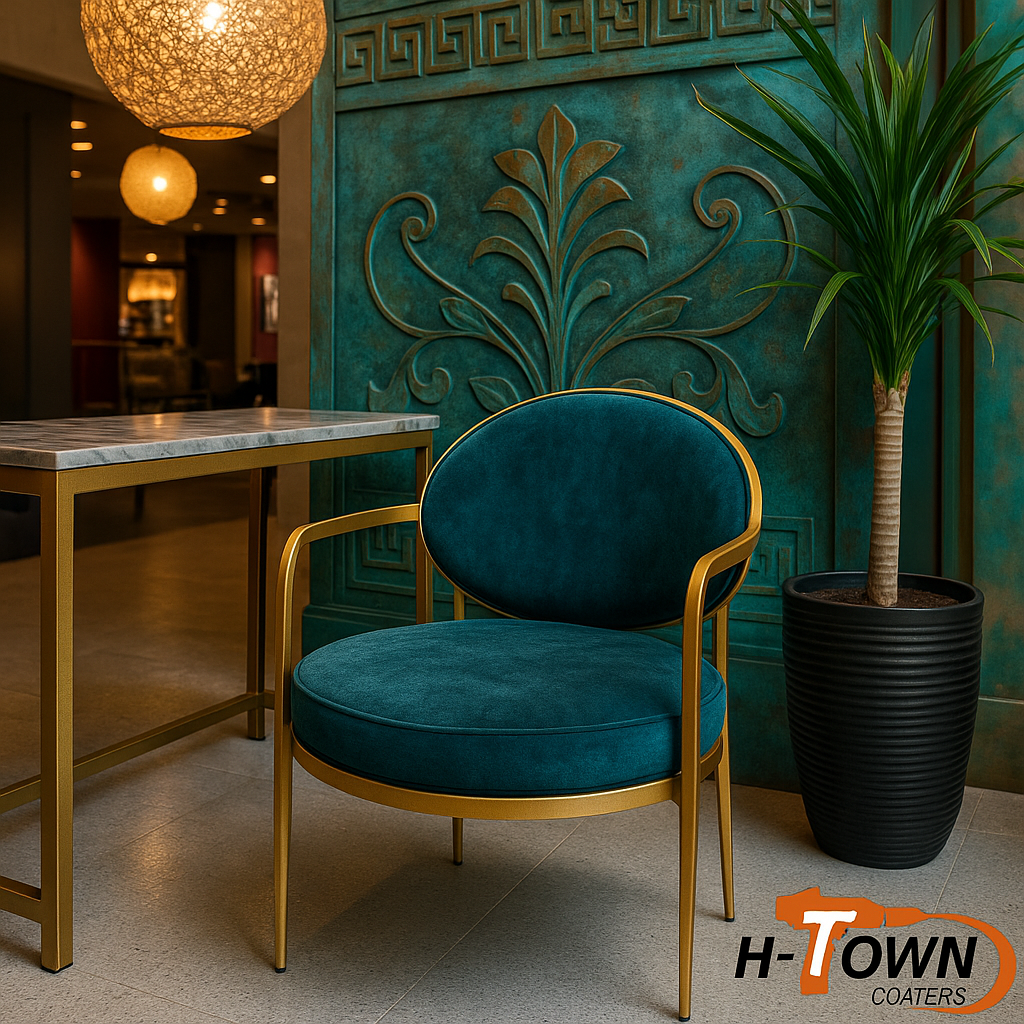 Architectural interior featuring powder coated furniture, fixtures, and decorative metal accents by H-Town Coaters in Houston, Texas — designer-grade finishes with lasting color, depth, and protection.