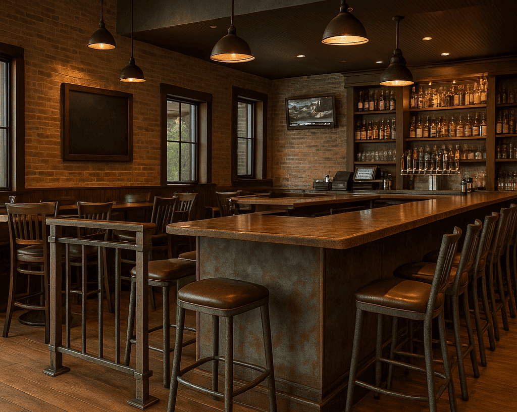 Houston bar and grill featuring Polychrotina™ patina powder coated fixtures by H-Town Coaters — durable, eco-friendly powder coating solutions for Texas businesses seeking long-lasting beauty and protection. Powder Coating for Houston Businesses