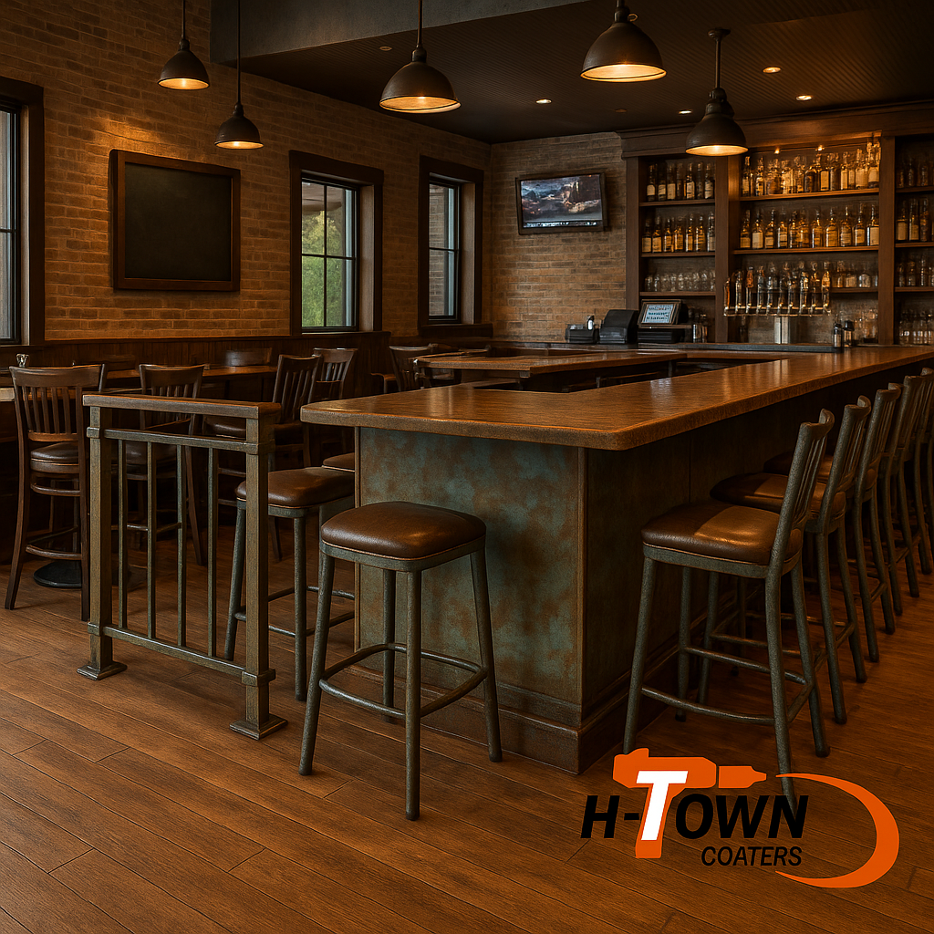 Houston bar and grill featuring Polychrotina™ patina powder coated fixtures by H-Town Coaters — durable, eco-friendly powder coating solutions for Texas businesses seeking long-lasting beauty and protection. Powder Coating for Houston Businesses