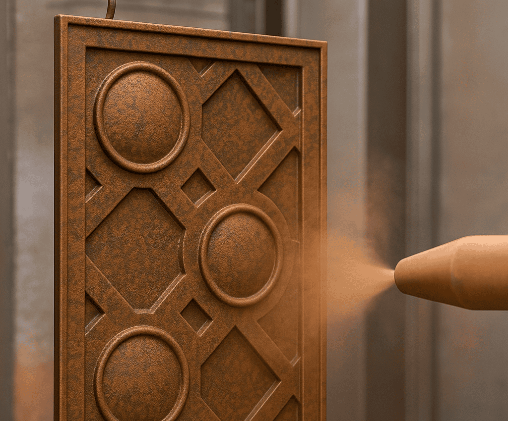 Copper patina powder coating finish by H-Town Coaters in Houston, Texas — eco-friendly, corrosion-resistant coating that blends artistic texture with modern performance.