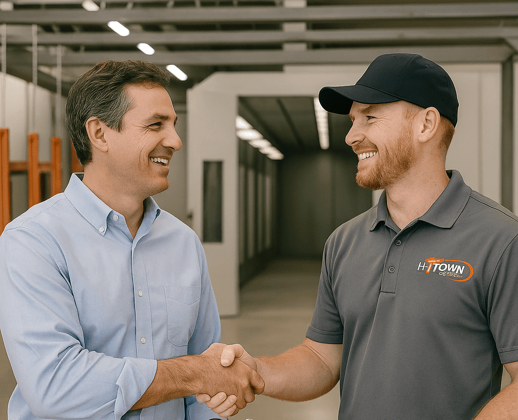 Happy H-Town Coaters customer in Houston shaking hands with a project manager — representing trusted partnerships, reliable service, and customer-first powder coating solutions for architects, designers, and contractors.