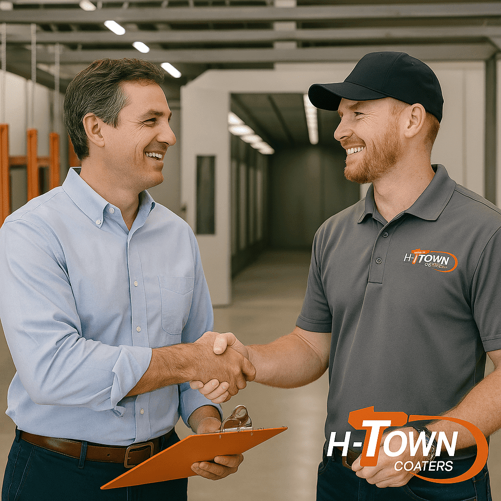 Happy H-Town Coaters customer in Houston shaking hands with a project manager — representing trusted partnerships, reliable service, and customer-first powder coating solutions for architects, designers, and contractors.