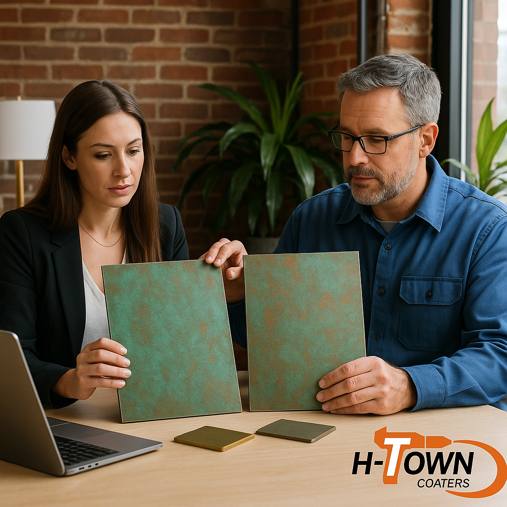 H-Town Coaters team collaborating with Houston interior designers on custom powder coating finishes — personalized color sampling, prototype testing, and precision craftsmanship for creative projects.