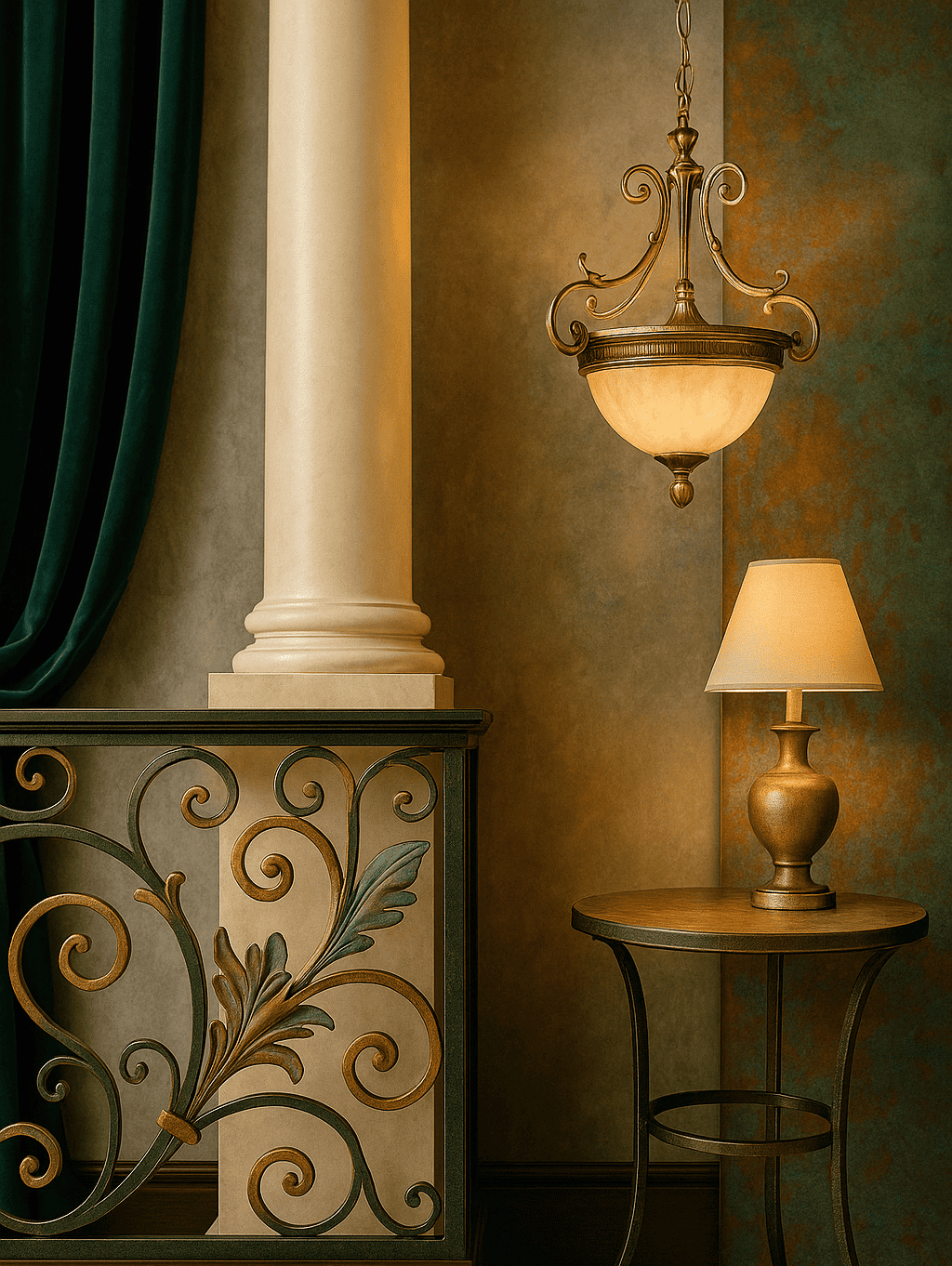 Elegant interior design with chandelier, wall panels, and wrought iron railing finished in Polychrotina™ patina powder coating by H-Town Coaters in Houston, Texas — timeless artistry for designers