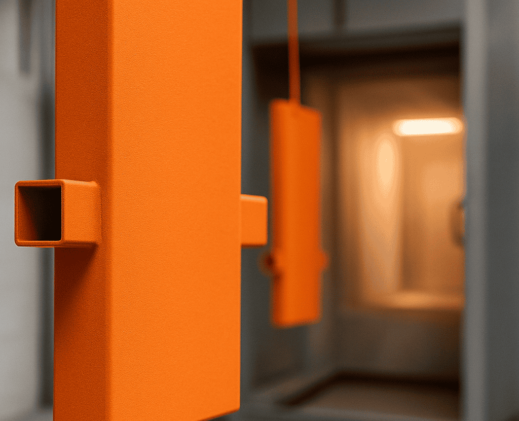 Electrostatic powder coating process at H-Town Coaters in Houston, Texas — eco-friendly dry finishing system creating durable, corrosion-resistant, VOC-free protective metal coatings.