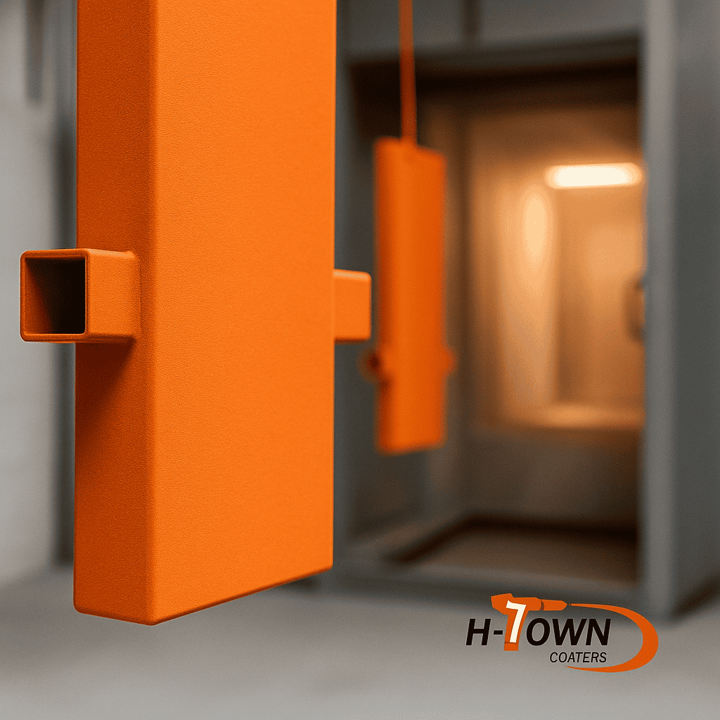 Electrostatic powder coating process at H-Town Coaters in Houston, Texas — eco-friendly dry finishing system creating durable, corrosion-resistant, VOC-free protective metal coatings.