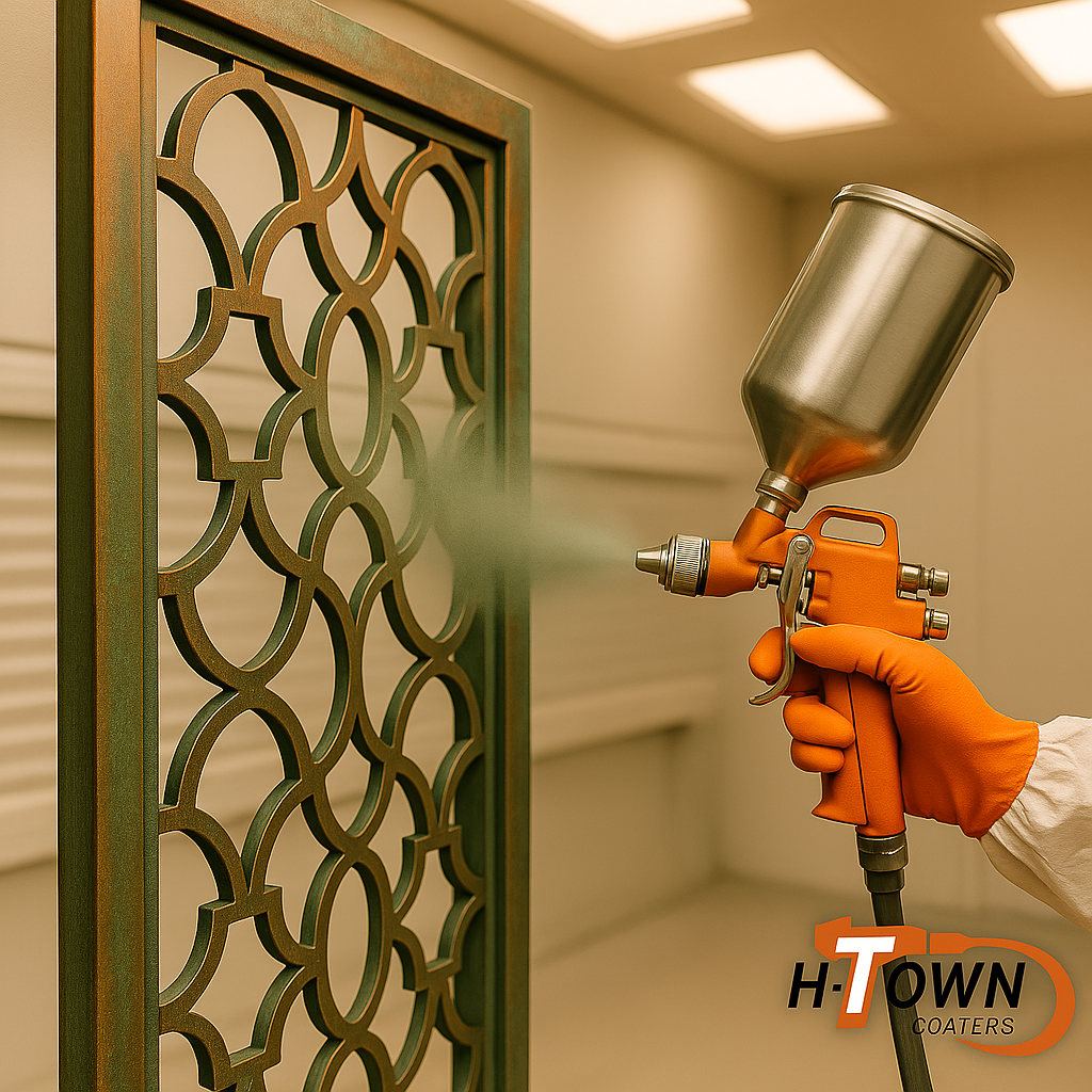 H-Town Coaters technician applying precision powder coating in Houston, Texas — representing innovation, sustainability, and personalized service for architectural, industrial, and custom projects.