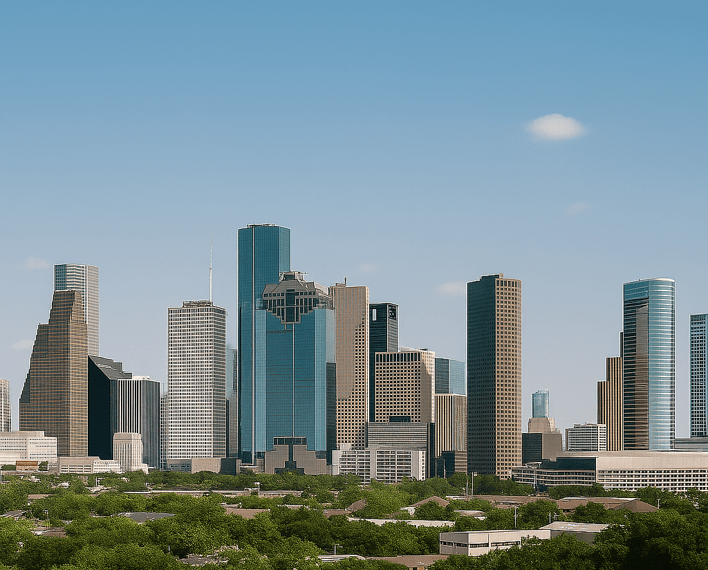 Daytime view of the Houston skyline representing H-Town Coaters — Texas-based powder coating company proudly serving Houston, Dallas, Austin, San Antonio, and Gulf Coast clients with superior finishes and craftsmanship.