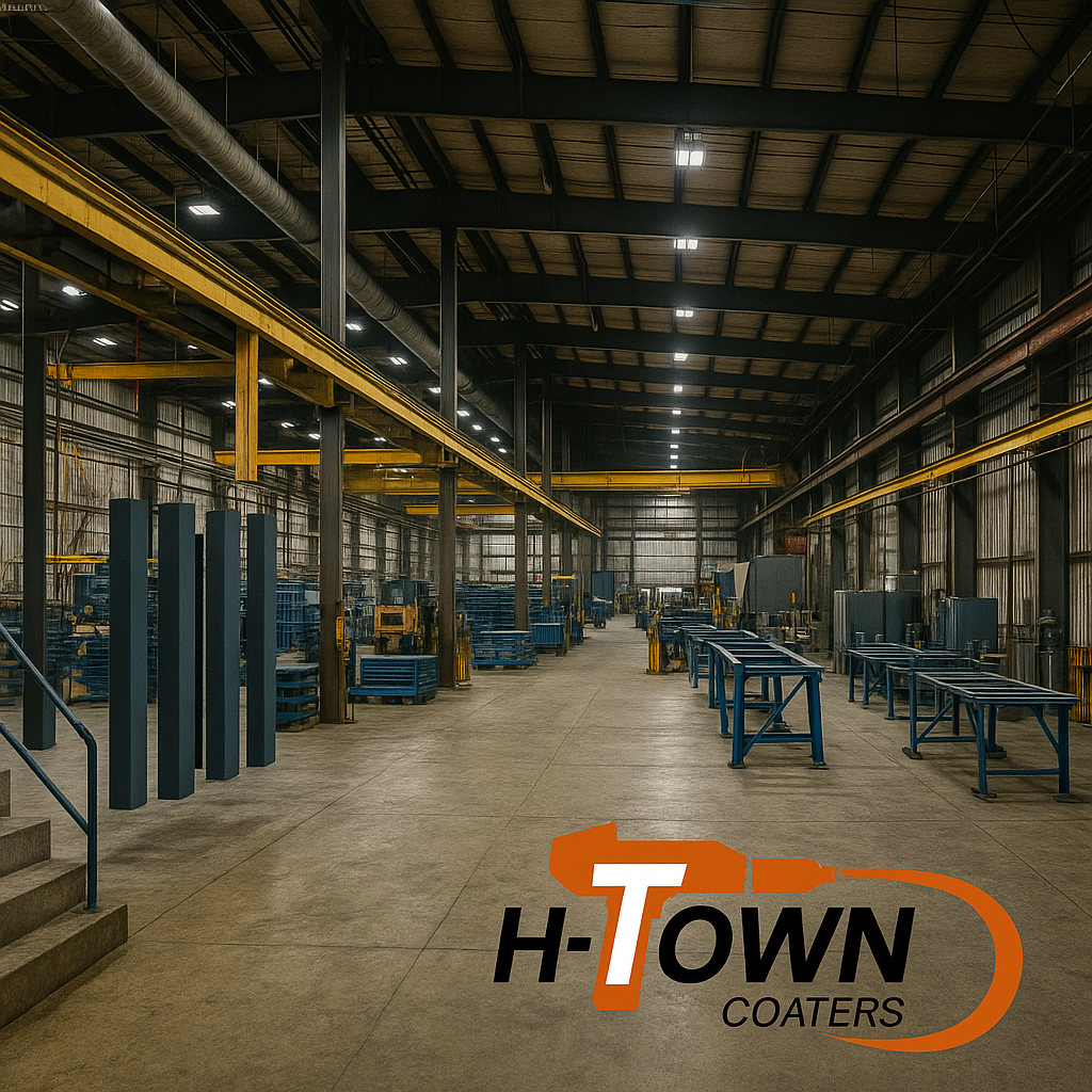 Industrial manufacturing warehouse in Houston, Texas featuring powder coated equipment and components by H-Town Coaters — durable, corrosion-resistant coatings for manufacturing and heavy industry. Industrial Powder Coating Houston Texas