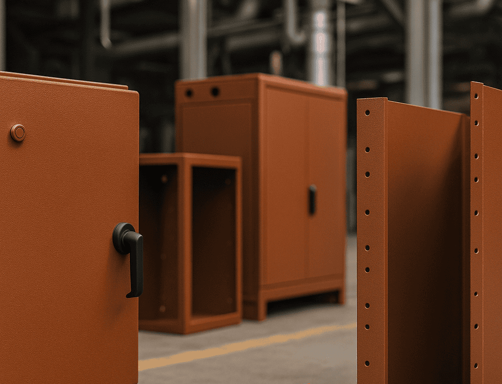 Powder coated electrical enclosures and sheet metal components by H-Town Coaters in Houston, Texas — industrial-grade corrosion- and heat-resistant finishes for long-term reliability and protection.