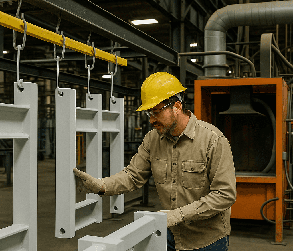 H-Town Coaters technician applying industrial powder coating in Houston, Texas — precision surface preparation, temperature-controlled curing, and eco-friendly, VOC-free finishes for sustainable industrial protection