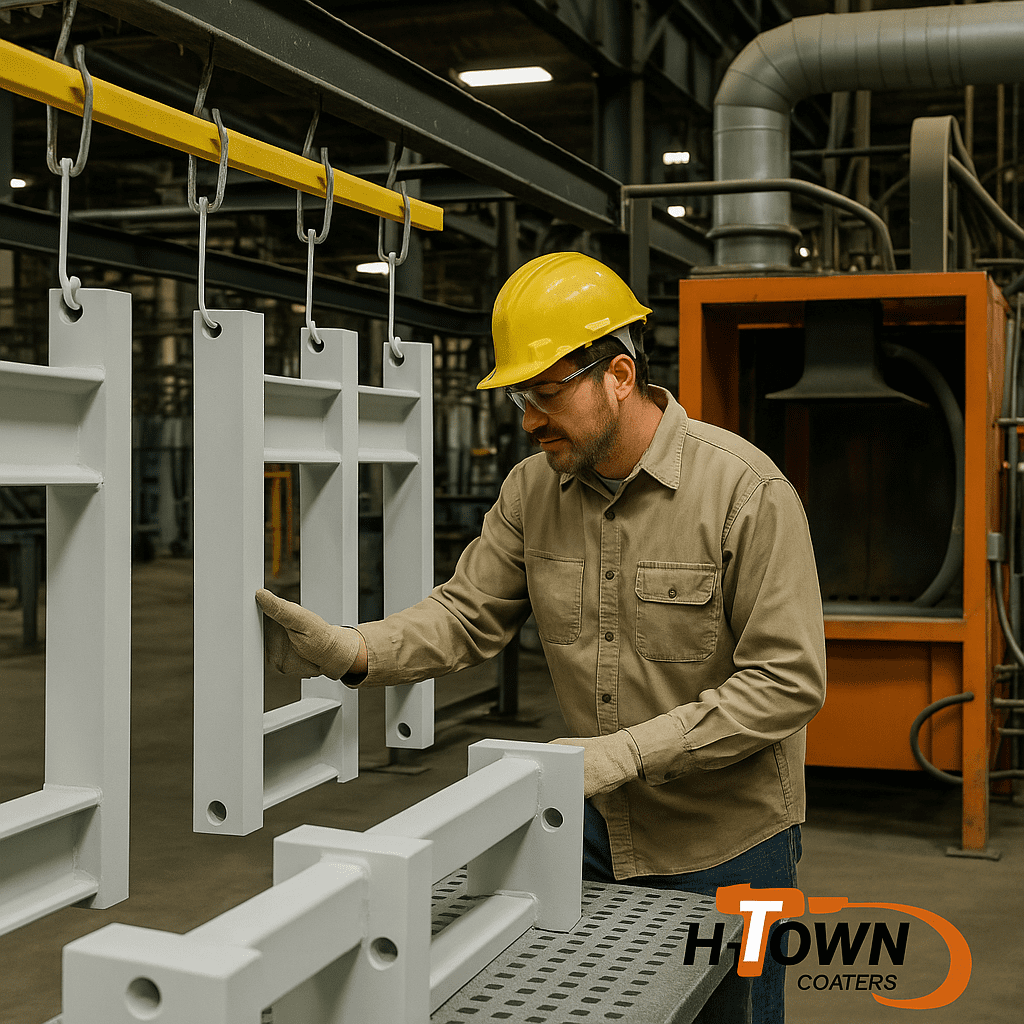 H-Town Coaters technician applying industrial powder coating in Houston, Texas — precision surface preparation, temperature-controlled curing, and eco-friendly, VOC-free finishes for sustainable industrial protection