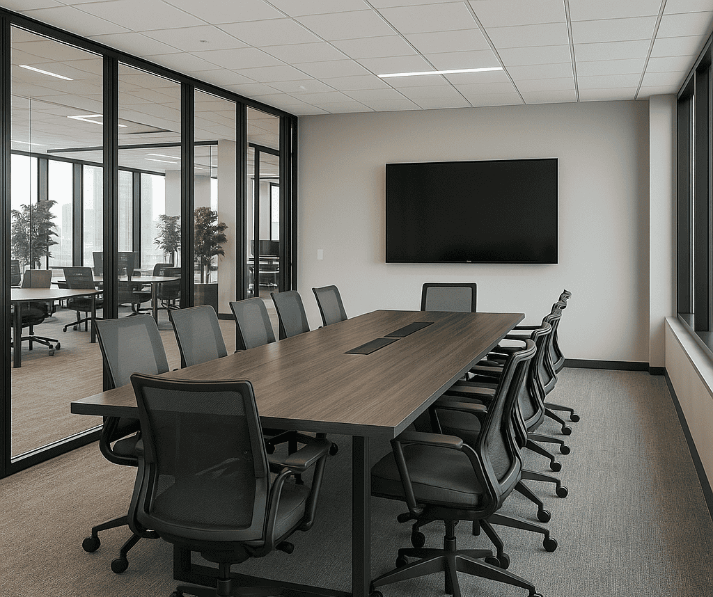 Modern tech office and conference room in Houston, Texas featuring powder coated chairs, window frames, and fixtures by H-Town Coaters — durable, eco-friendly finishes for business interiors.