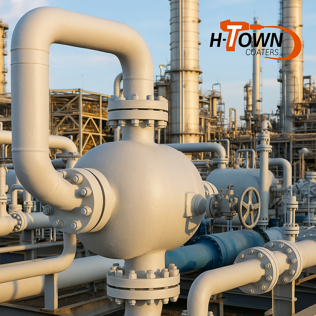 Oil and gas powder coating equipment coated by H-Town Coaters in Houston, Texas — high-performance, corrosion- and heat-resistant powder coatings for offshore and refinery applications.