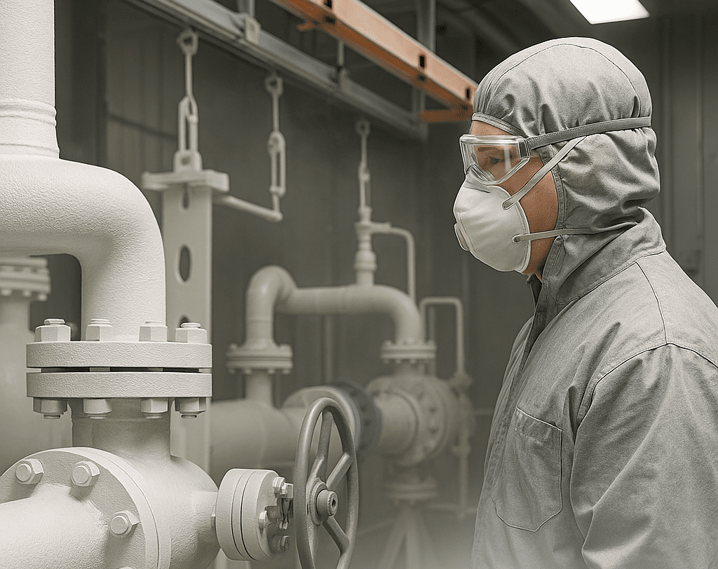 H-Town Coaters technician in Houston applying precision powder coating for oil and gas equipment — ASTM and AAMA certified corrosion-resistant finishes for refineries and industrial operations across Texas.