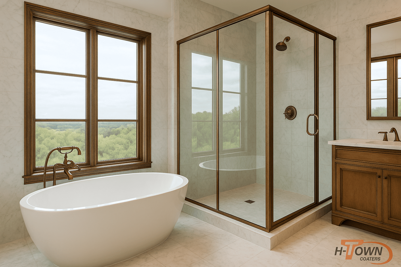 Luxury bathroom in a Houston home featuring Polychrotina™ copper powder coated shower and window frames by H-Town Coaters — premium finish for residential builders and designers.