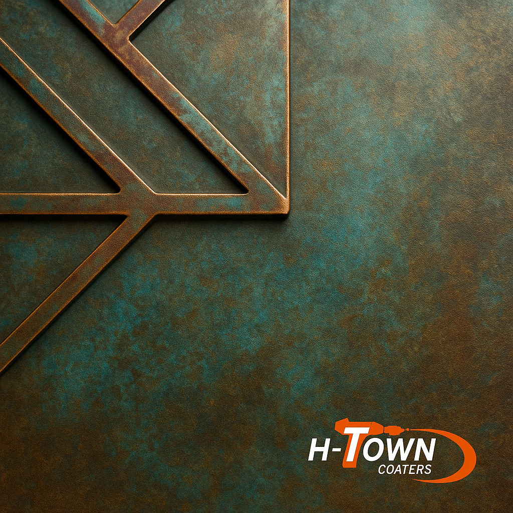 Polychrotina™ patina powder coating finishes by H-Town Coaters in Houston, Texas — aged bronze, copper, iron, and oxidized steel looks reimagined for designers seeking artistry and durability.