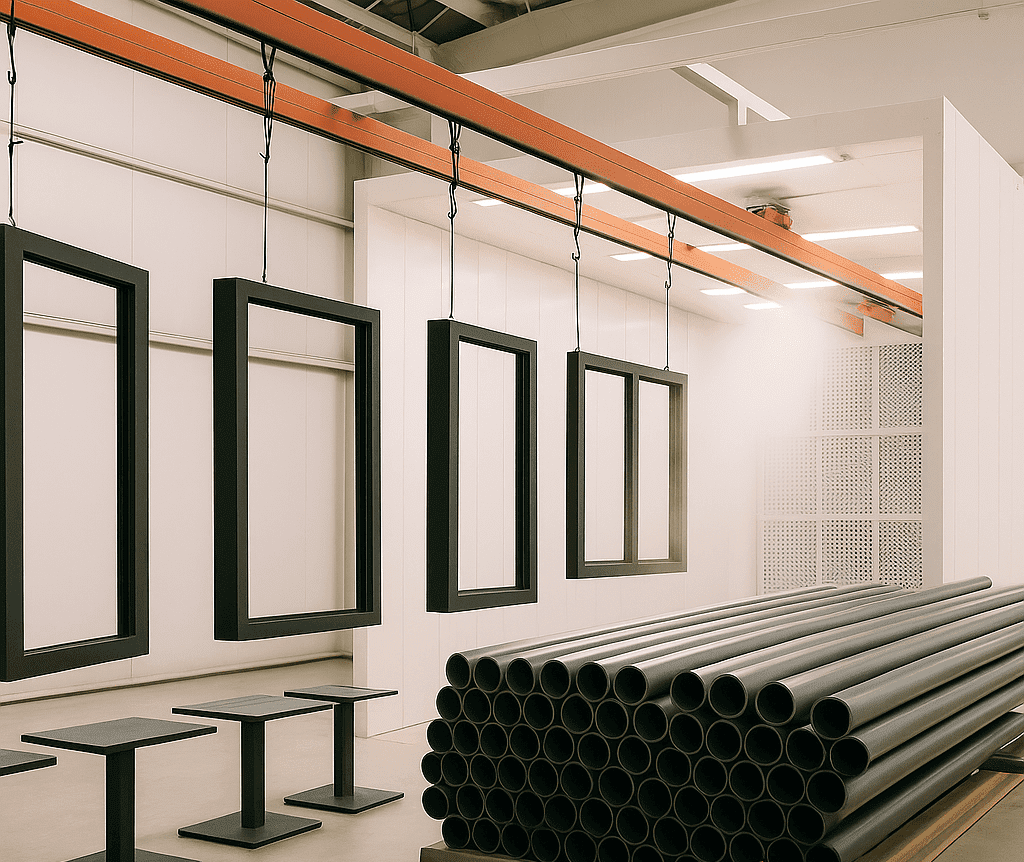 Powder coated parts ready for shipment from H-Town Coaters in Houston, Texas — precision finished components for architectural, industrial, commercial construction, and oil and gas projects.