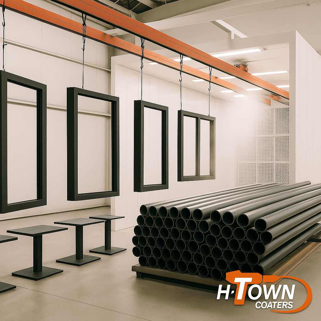 Powder coated parts ready for shipment from H-Town Coaters in Houston, Texas — precision finished components for architectural, industrial, commercial construction, and oil and gas projects.