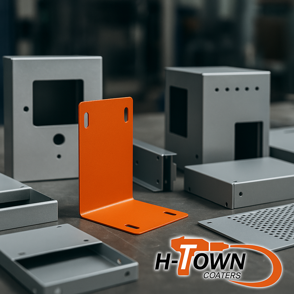 H-Town Coaters technician in Houston applying powder coating to electrical enclosures and sheet metal components — precision-controlled, eco-friendly finishes meeting engineering and sustainability standards.
