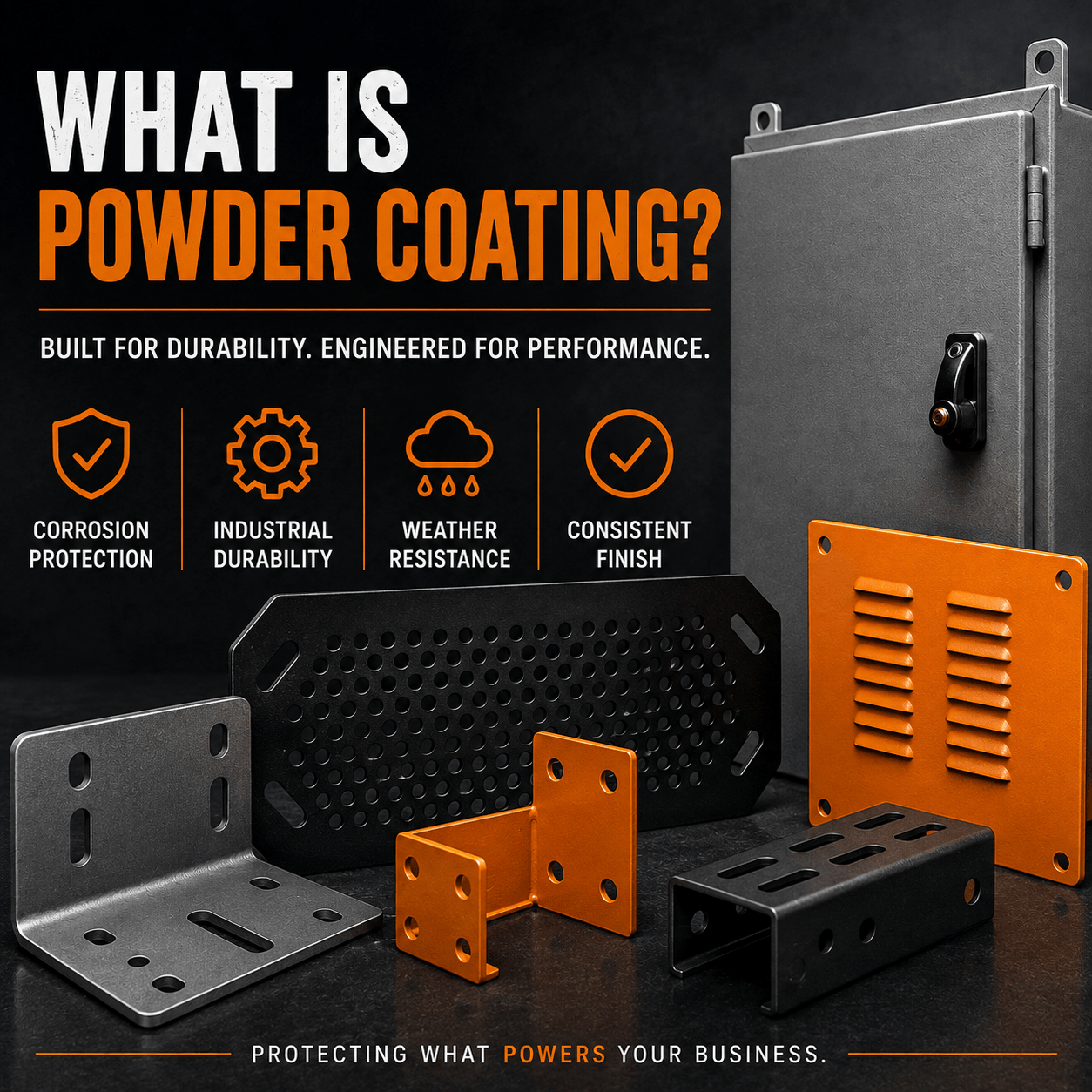 Professional powder-coated industrial metal components showing corrosion protection, weather resistance, industrial durability, and consistent finishes.