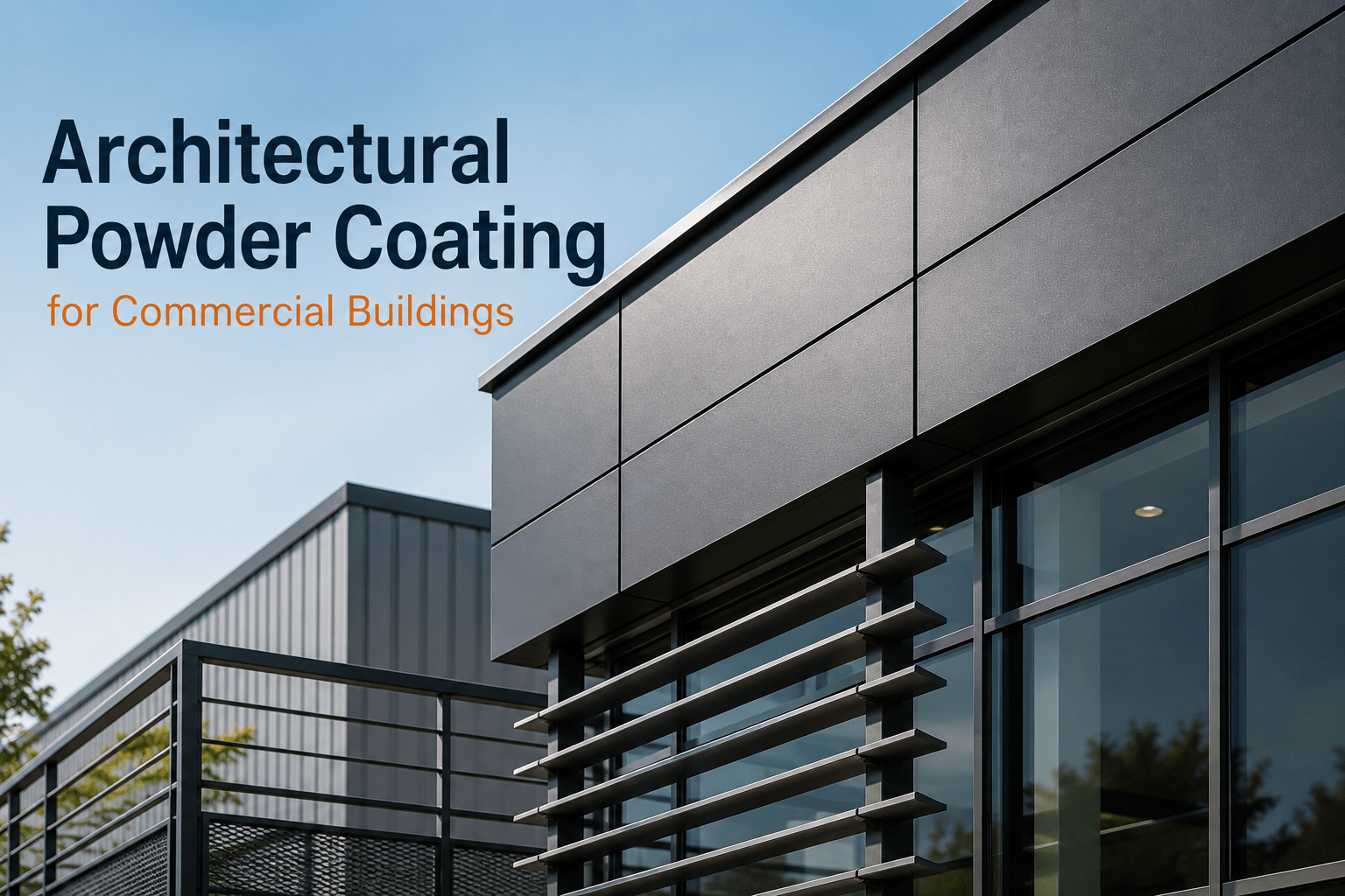 Architectural powder coating on commercial building metal panels, louvers, railings, and exterior components.
