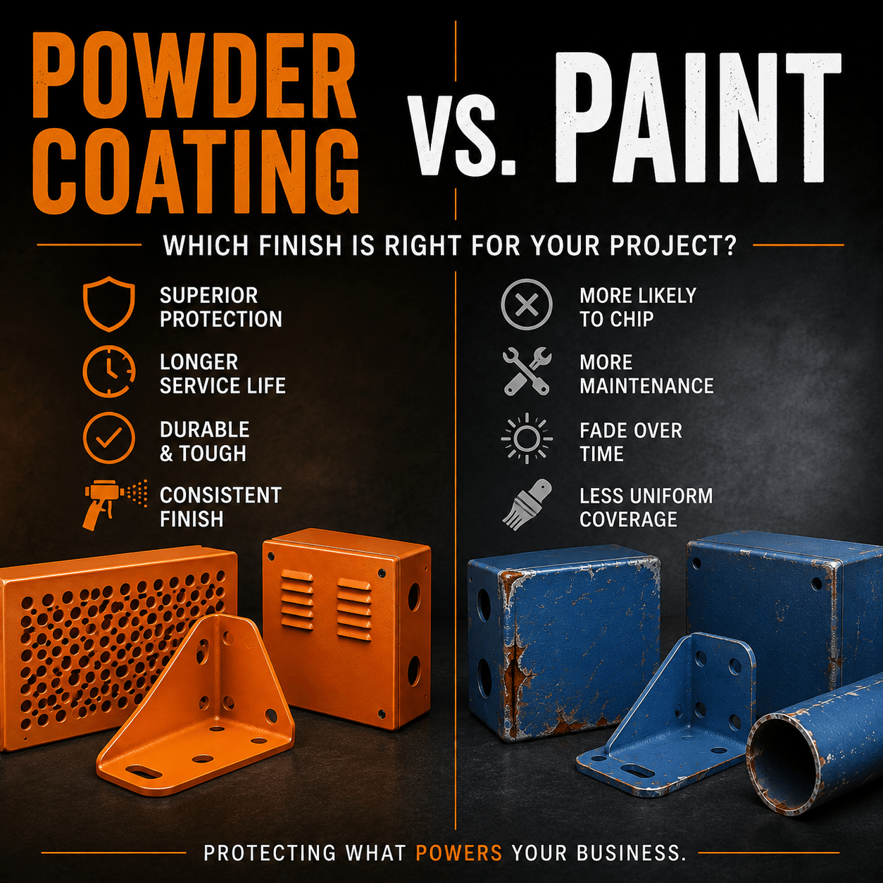 Comparison of powder coating and liquid paint on commercial and industrial metal components, highlighting durability, corrosion resistance, and long-term performance.