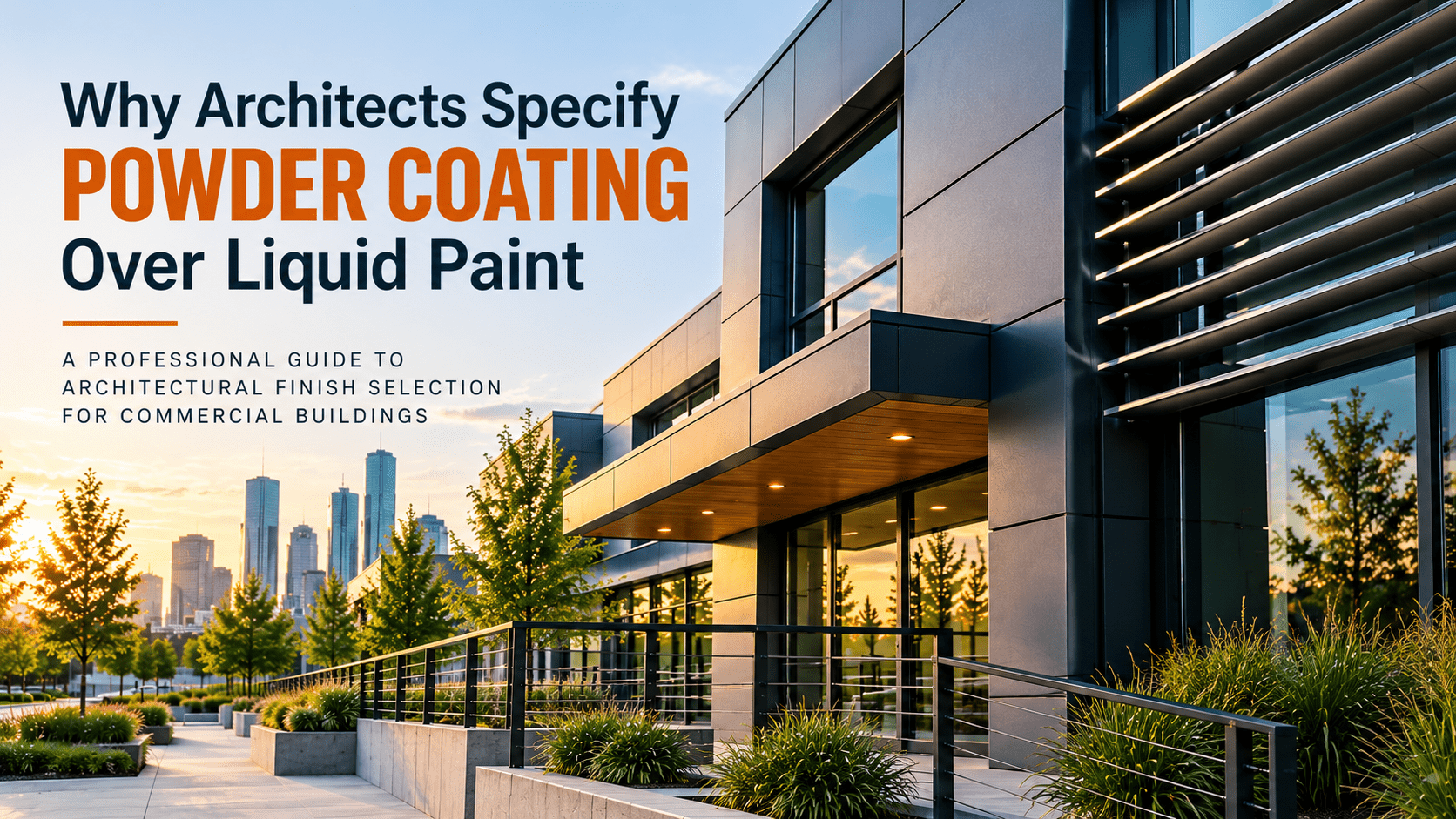 Powder-coated architectural metal panels, railings, and louvers on a modern commercial building.
