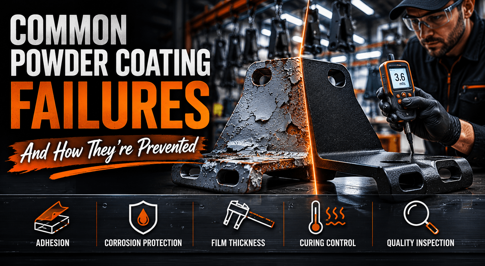 Industrial inspector evaluating a powder coated metal component showing coating failure on one side and a properly protected finish on the other inside a Houston manufacturing facility.