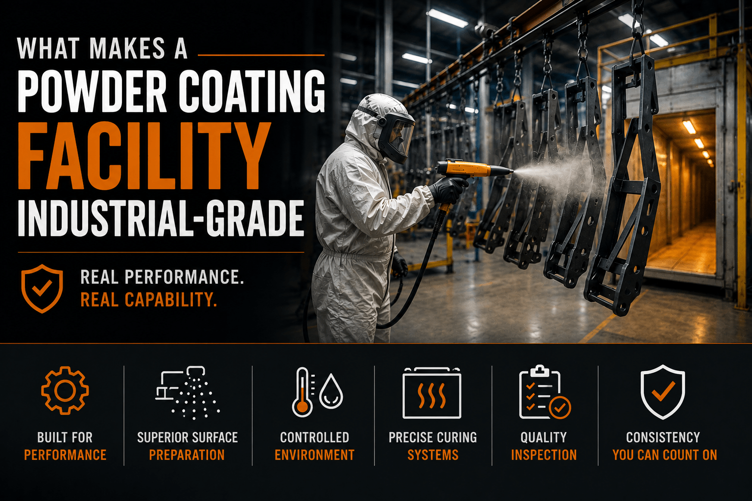 Industrial-grade powder coating facility in Houston featuring controlled application processes, curing systems, and powder coated manufacturing components.