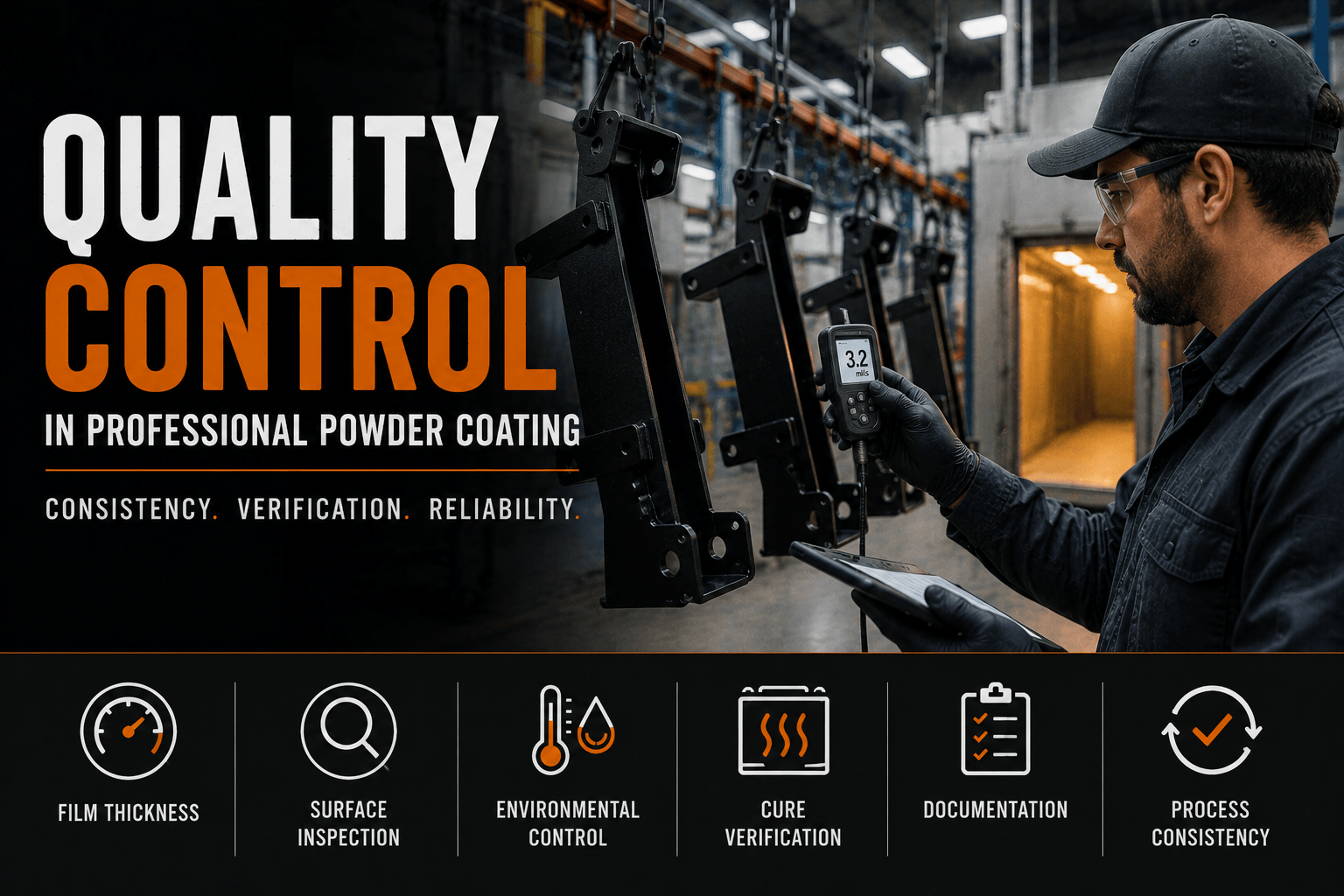 Quality control technician measuring powder coating film thickness on industrial components inside a professional powder coating facility in Houston.