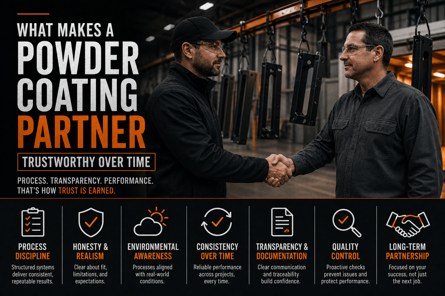 Professional powder coating team discussing a project inside a Houston powder coating facility with industrial components in the background, representing trust, process discipline, and long-term partnership.