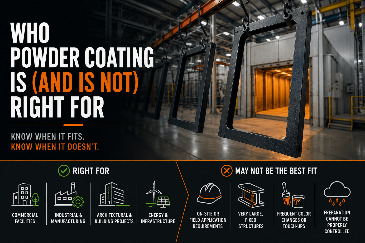 Industrial powder coating facility with powder coated metal components illustrating which commercial, industrial, architectural, and energy applications are best suited for powder coating.