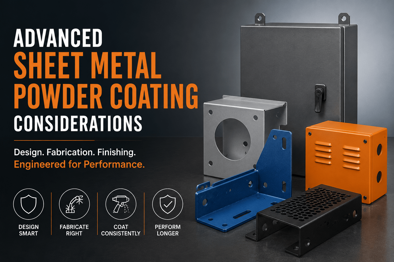 Powder coated fabricated sheet metal components including electrical enclosures, brackets, machine parts, and industrial fabricated assemblies.