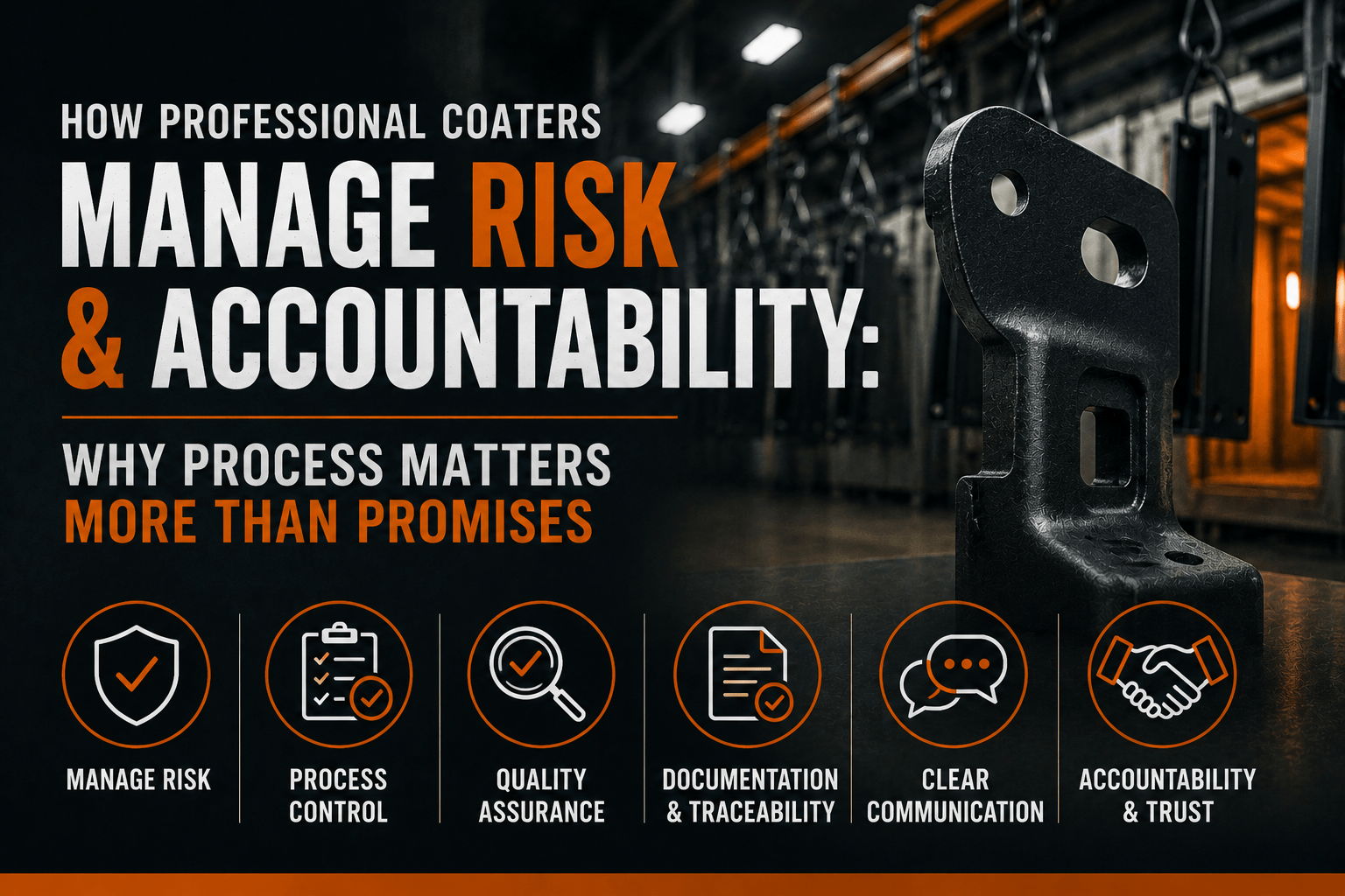 Professional powder coating facility with coated industrial components and process control icons representing risk management, accountability, quality assurance, documentation, and clear communication.