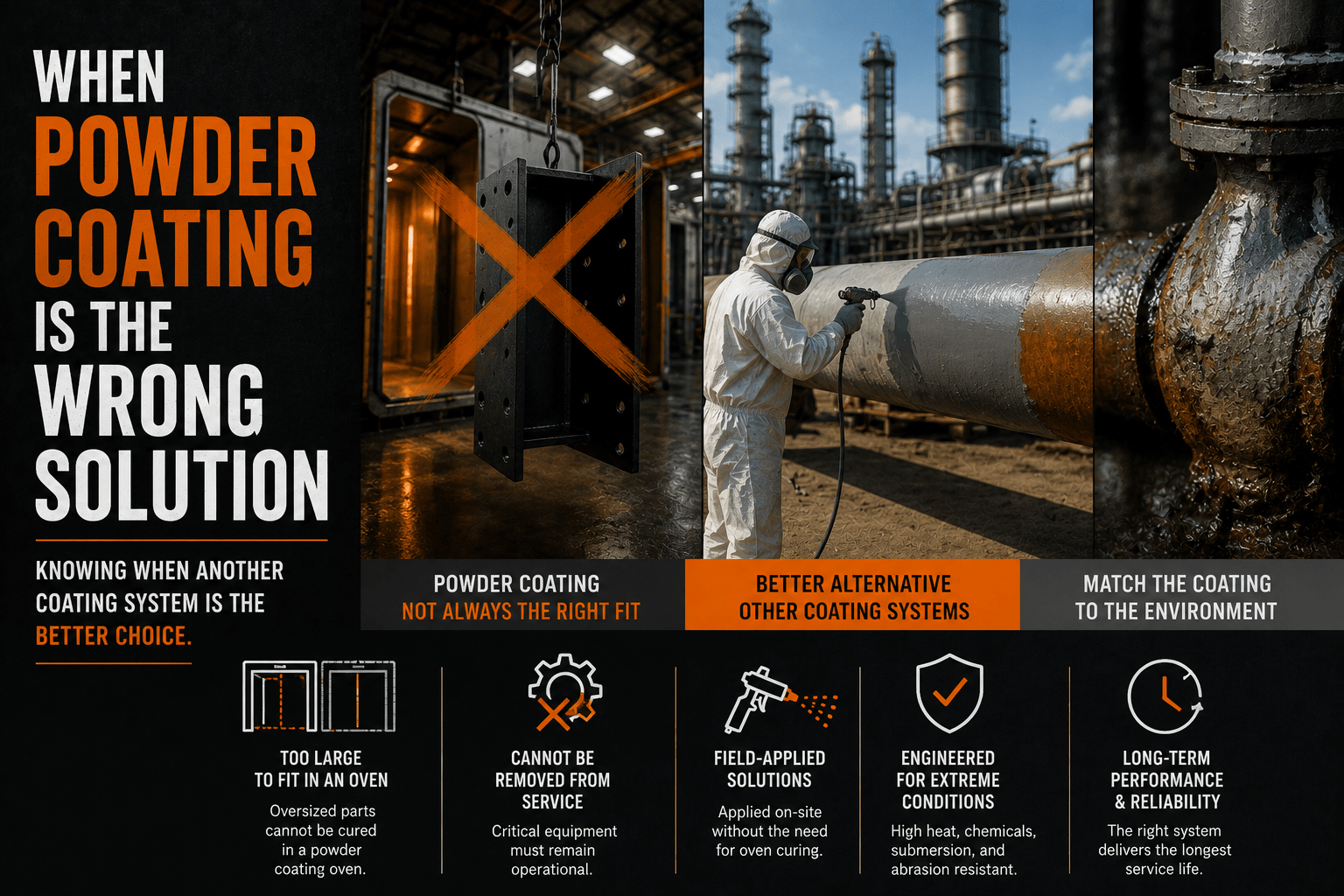 Industrial comparison showing powder coating alongside alternative coating systems for large structures, field-applied coatings, and specialized industrial environments where powder coating may not be the best solution.