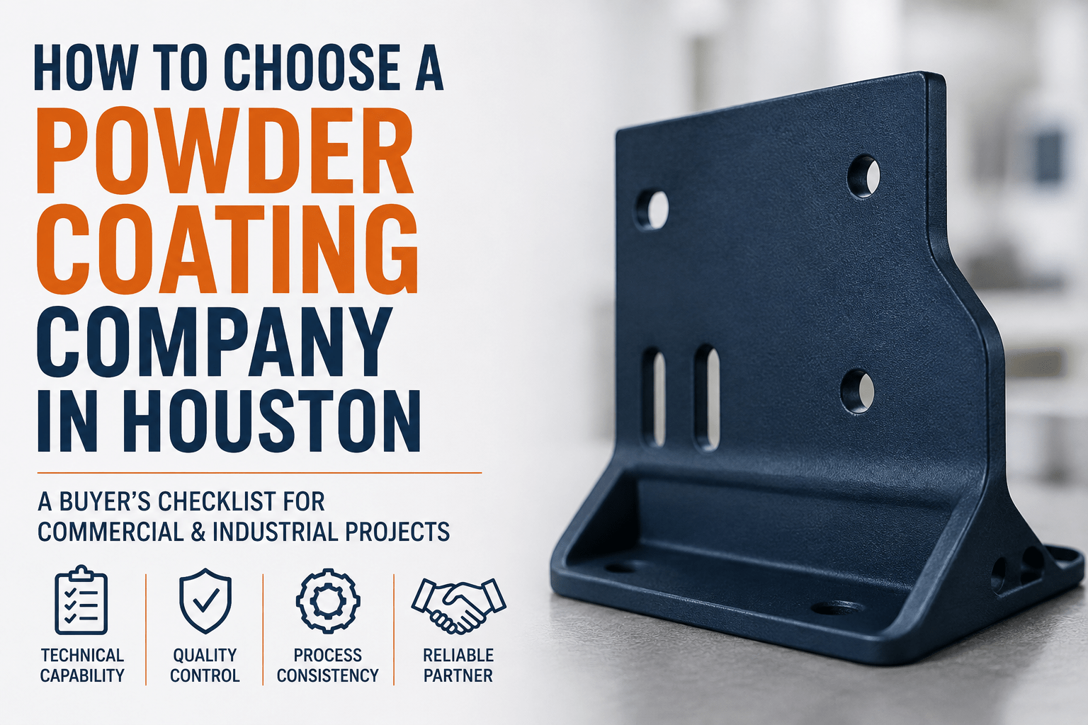 Professional powder-coated steel bracket representing the qualities to look for when choosing a powder coating company for commercial and industrial projects.