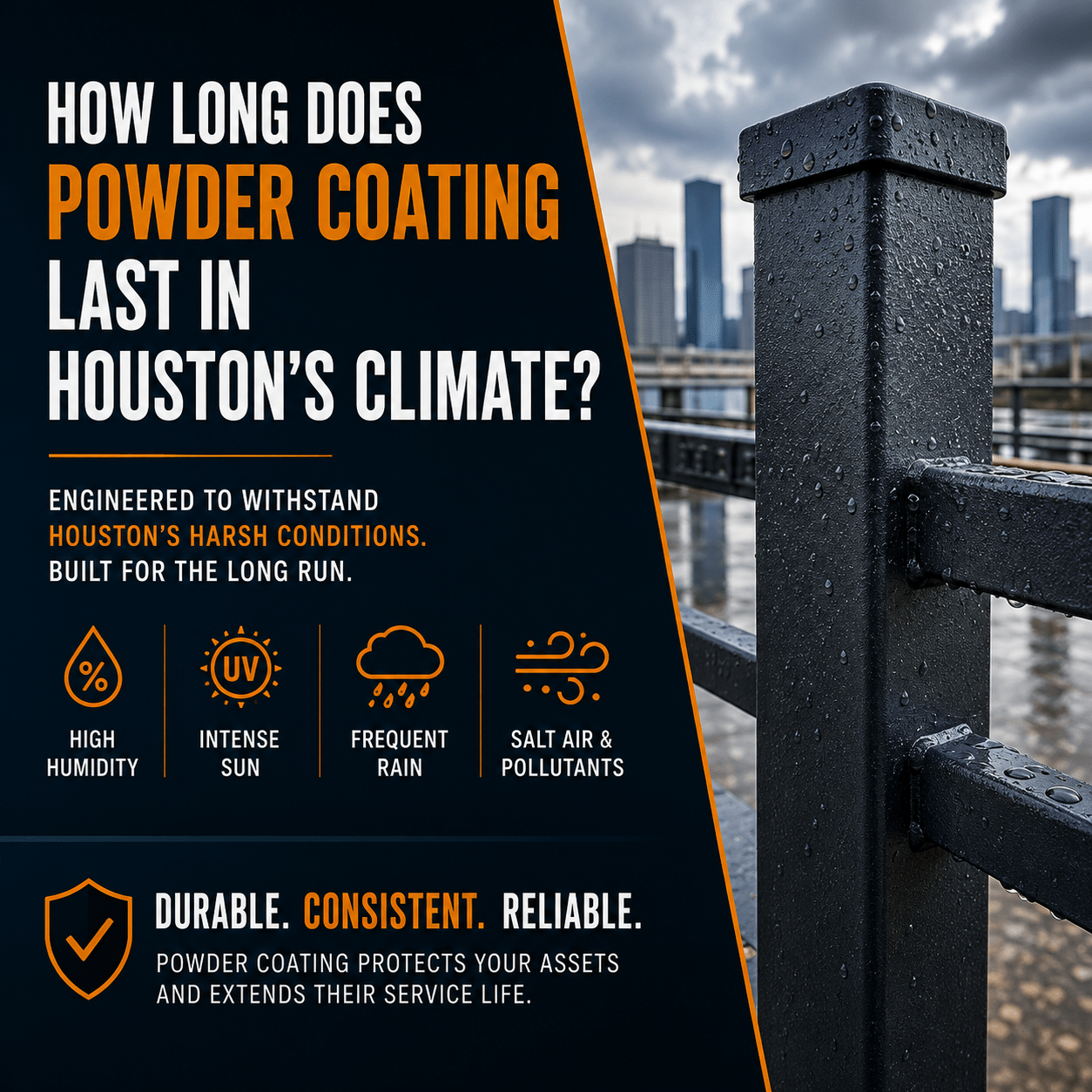 Powder-coated metal railing exposed to Houston's humid outdoor environment, illustrating long-term durability, corrosion resistance, and weather protection.
