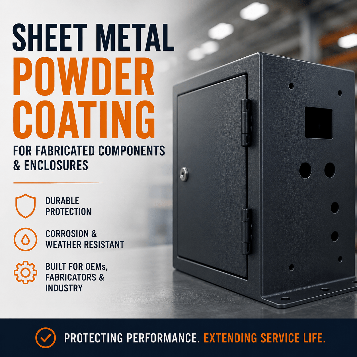 Professional powder-coated sheet metal enclosure designed for commercial and industrial applications requiring long-term durability and corrosion resistance.